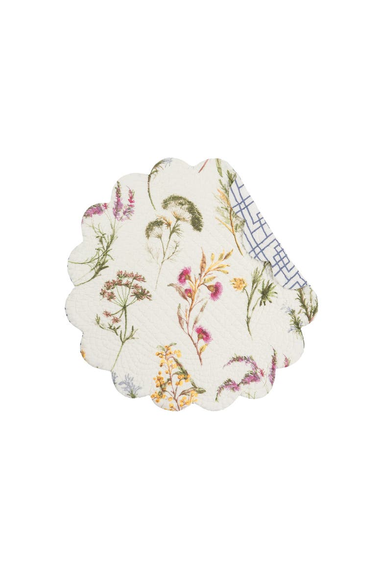 Genevieve Floral Flowers Botanical Round Cotton Quilted Spring Summer Placemats, Set of 6, 17", Main, color, Green