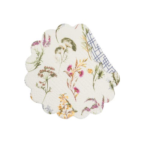 Genevieve Floral Flowers Botanical Round Cotton Quilted Spring Summer Placemats, Set of 6, 17"