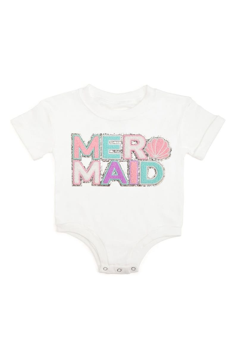 Sweet Wink Mermaid Patch Short Sleeve Romper, Main, color, White