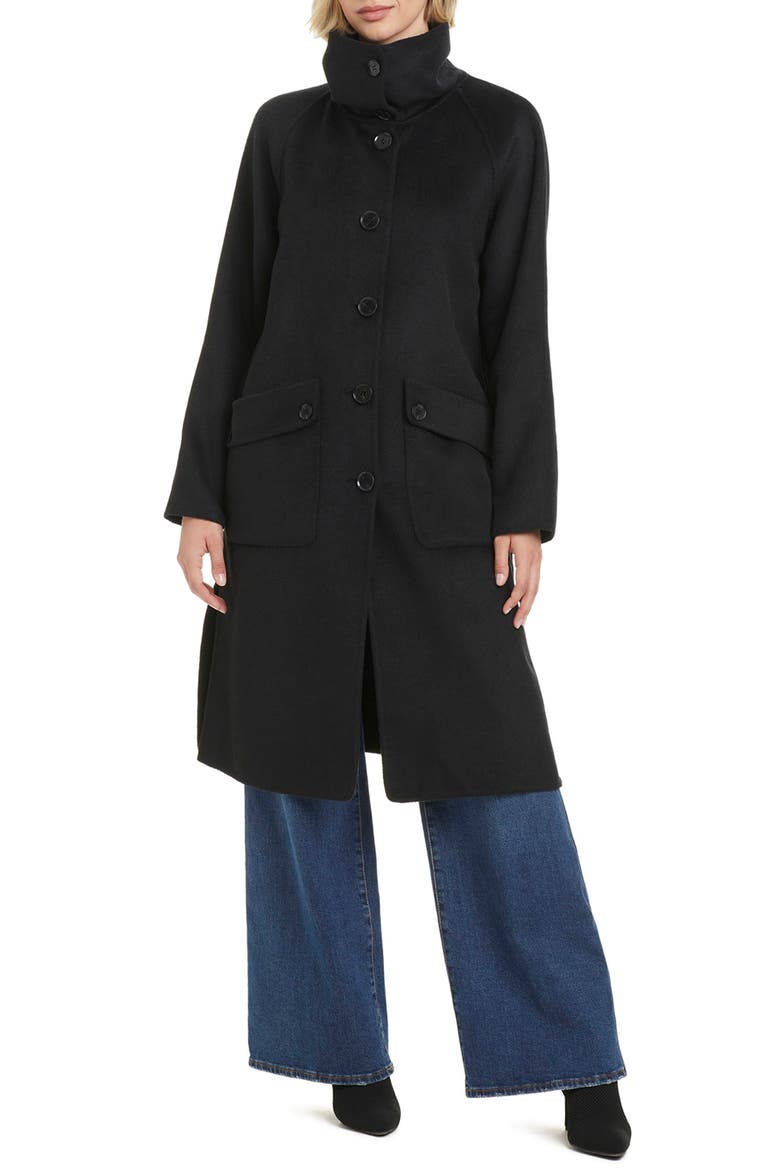 Funnel Neck Wool Blend Coat, Alternate, color, BLACK