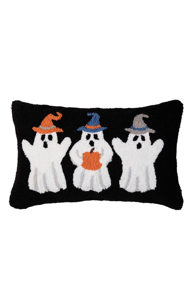 Ghost Witch Trio Halloween Hooked Lumbar Accent Pillow, Main, color, Black