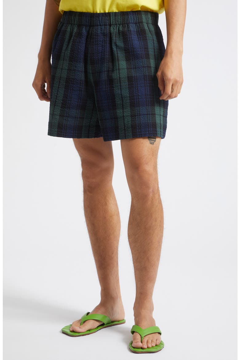 Plaid Cotton Seersucker Shorts, Alternate, color, NAVY/ GREEN