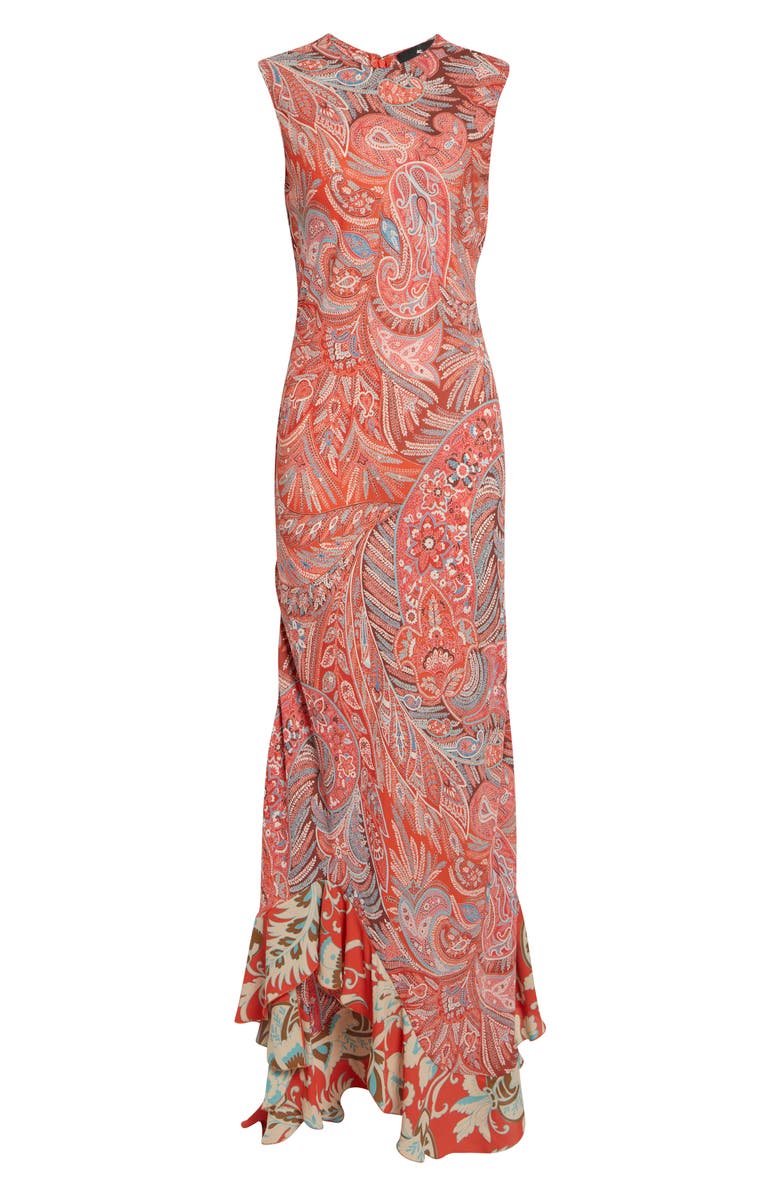 Etro Paisley Asymmetric Ruffle Hem Dress, Main, color, Red