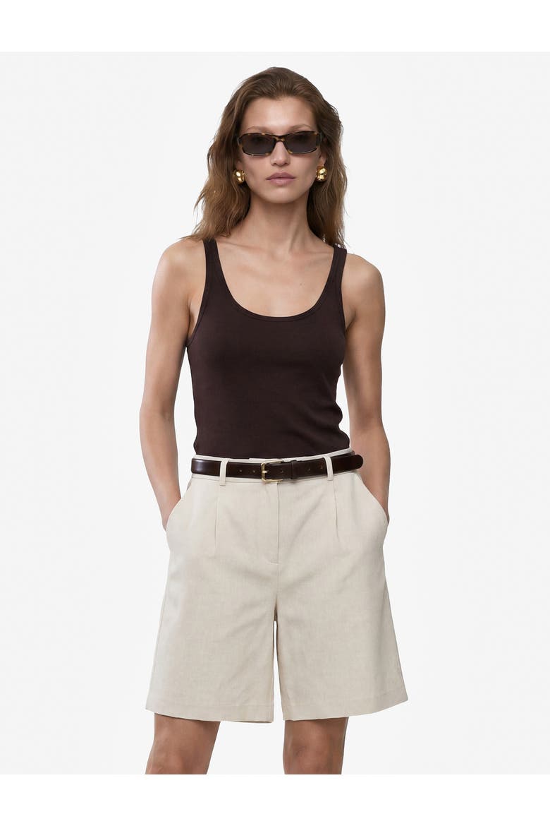 Linen Blend Pleated Mid-Rise Tailored Shorts with Belt, Alternate, color, BEIGE