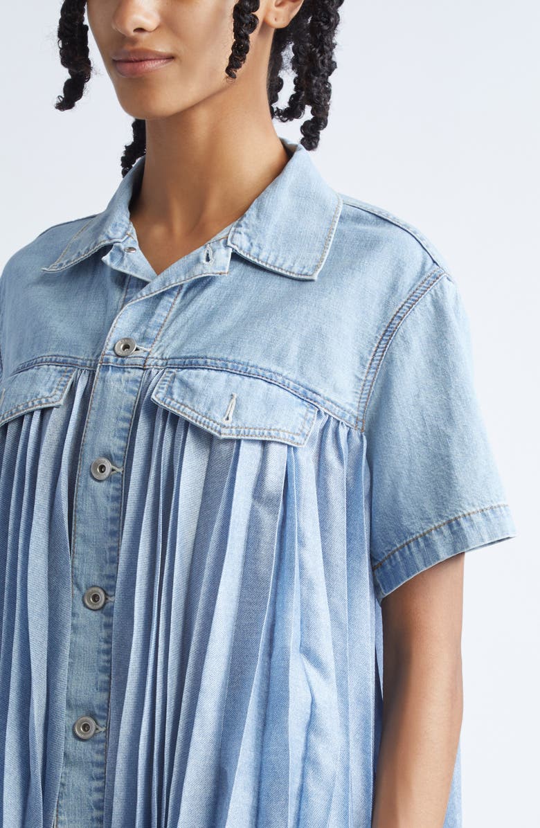 Sacai Mixed Media Short Sleeve Shirt, Alternate, color, Light Blue