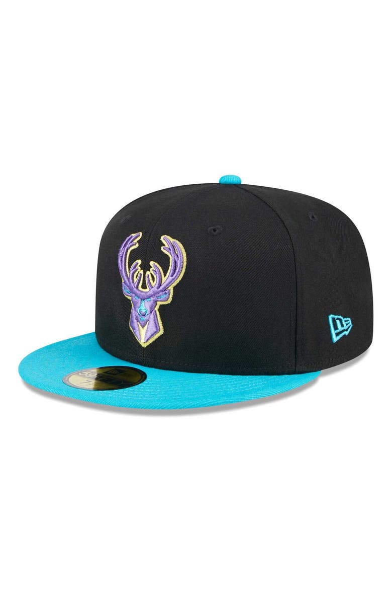 Men's New Era Black/Turquoise Milwaukee Bucks Arcade Scheme 59FIFTY Fitted Hat, Main, color, Black