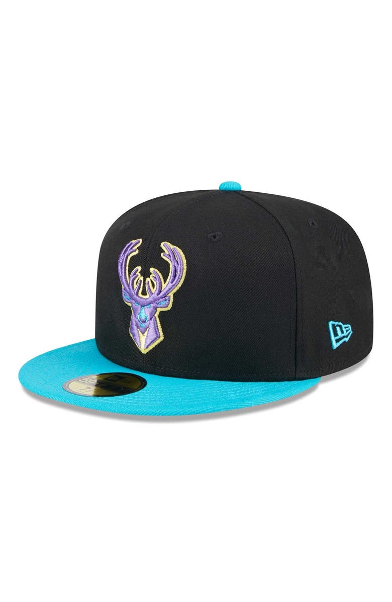 New Era Men's New Era Black/Turquoise Milwaukee Bucks Arcade Scheme 59FIFTY Fitted Hat, Main, color,