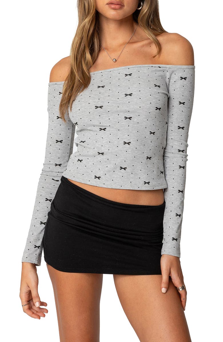 EDIKTED Ryna Bows & Bots Off the Shoulder Top, Main, color, Gray-Melange