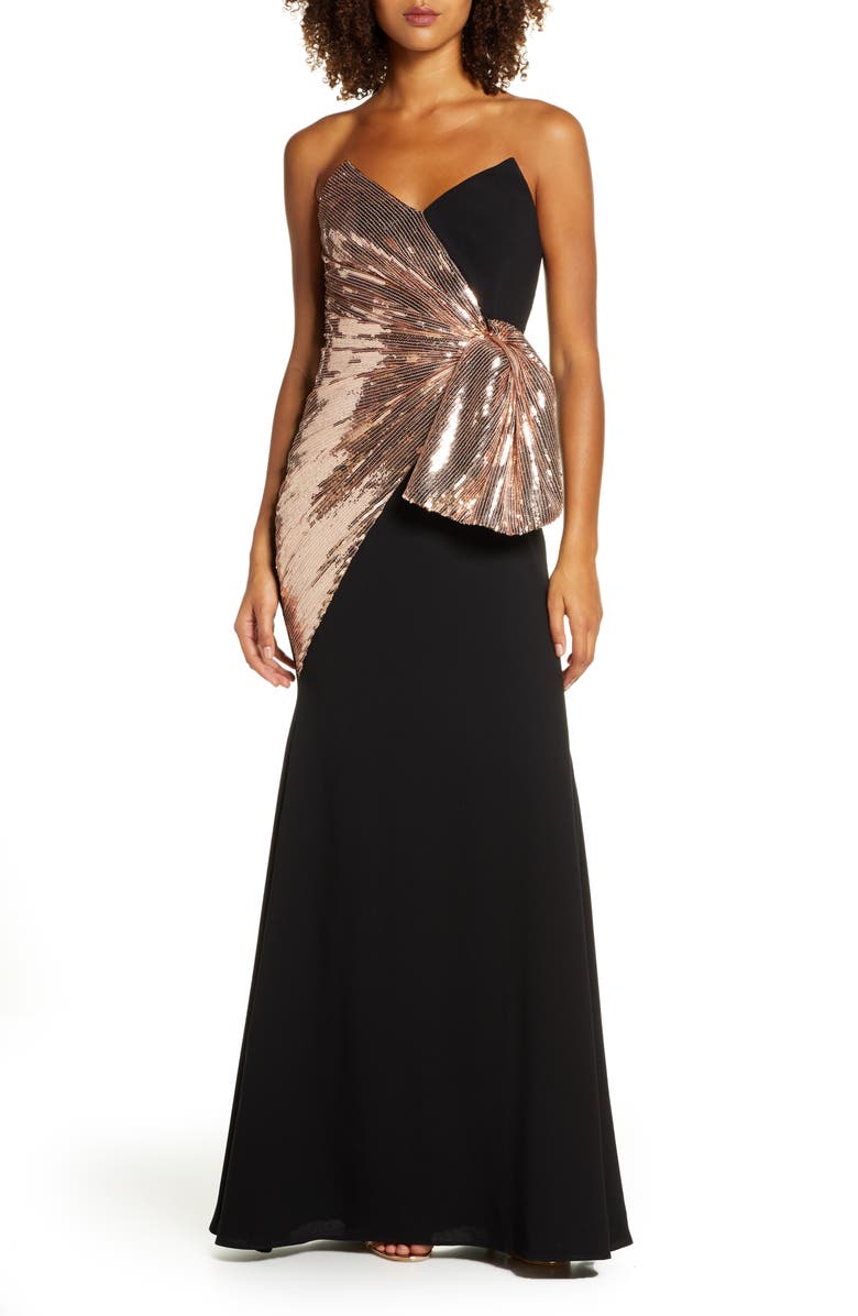 Jill Jill Stuart Strapless Sequin & Crepe Bow Front Gown, Main, color, 