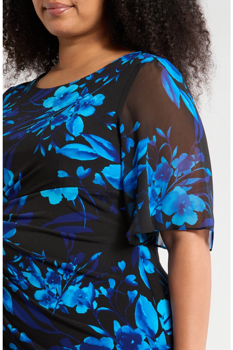 Floral Side Ruched Faux Wrap Dress, Alternate, color, SAPHIRE