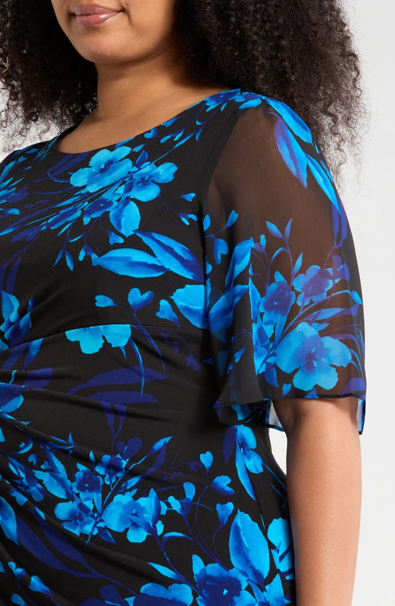 Connected Apparel Floral Side Ruched Faux Wrap Dress, Alternate, color, Saphire