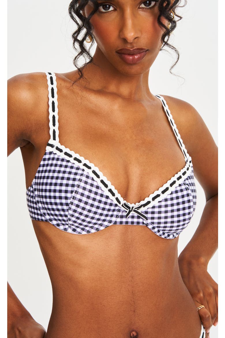 Geneva Gingham Lace Decoration Bikini Top, Alternate, color, Black