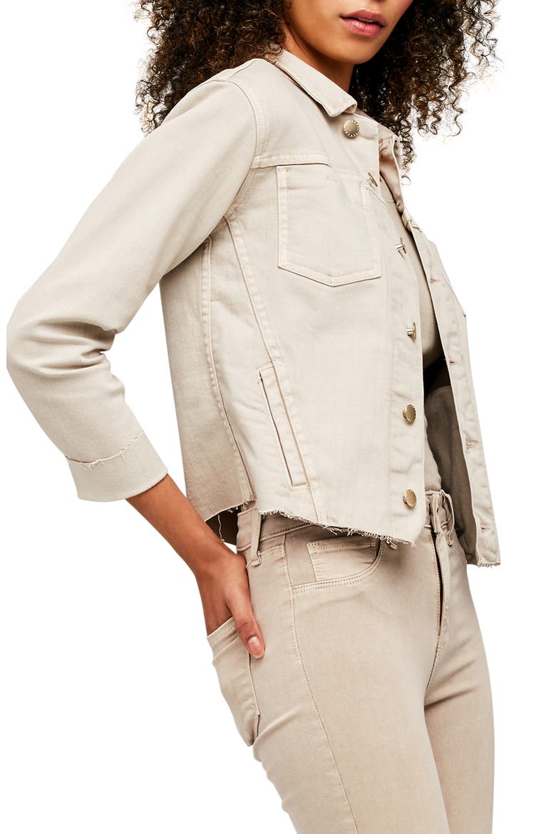 Janelle Raw Cut Slim Denim Jacket, Alternate, color, BISCUIT