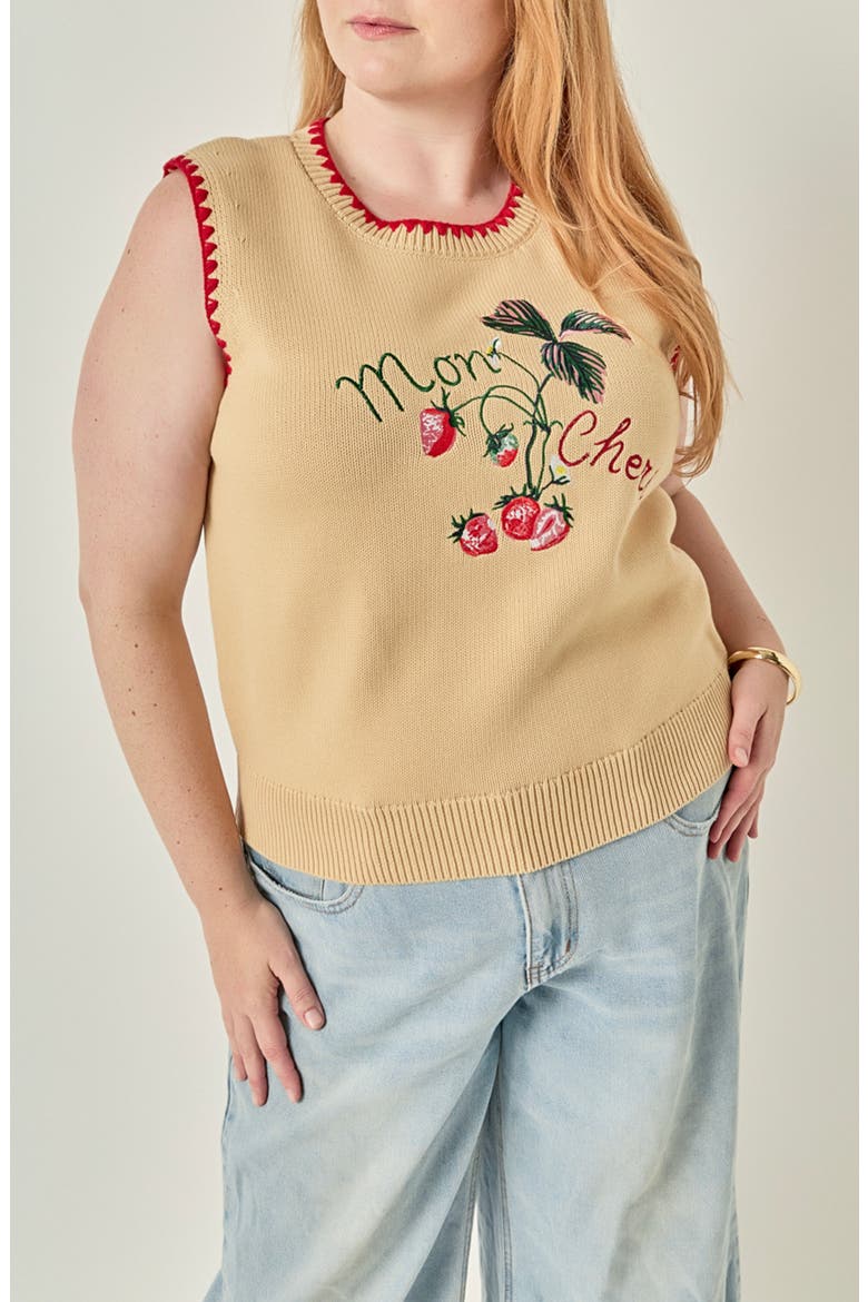Strawberry Stitch Detail Vest, Alternate, color, BEIGE/ RED MULTI