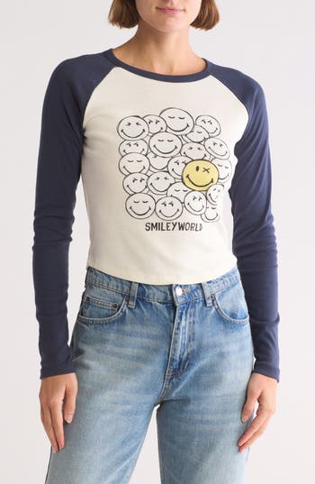 VINYL ICONS VINYL ICONS SMILEY LONG RAGLAN SLEEVE CROP T-SHIRT