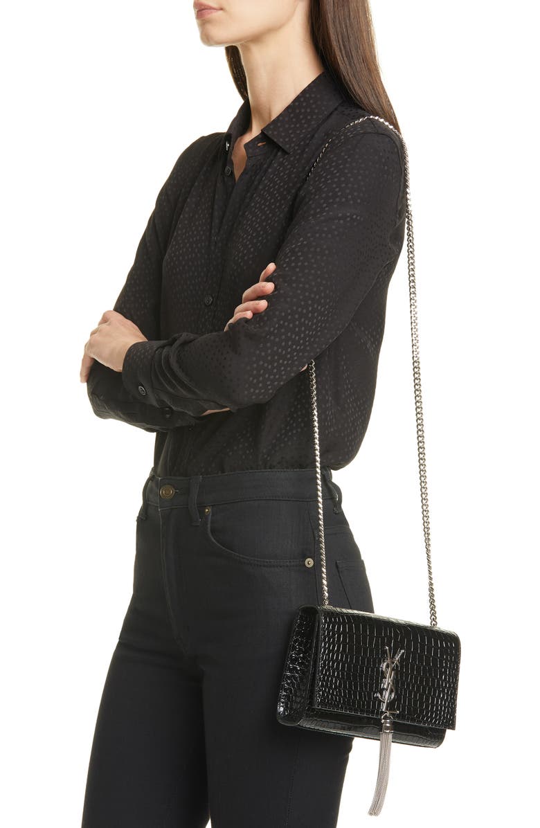 Saint Laurent Small Kate Croc Embossed Leather Shoulder Bag, Alternate, color,