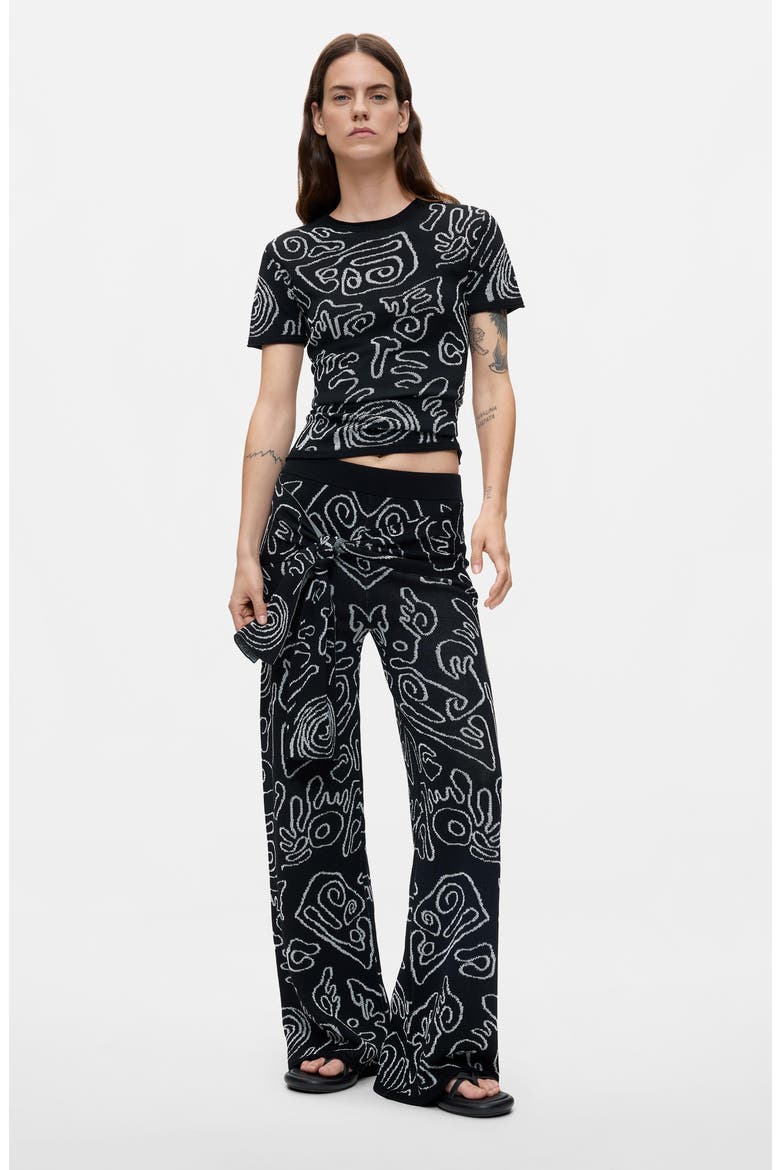 Jacquard Short Sleeve Knit Top, Alternate, color, BLACK
