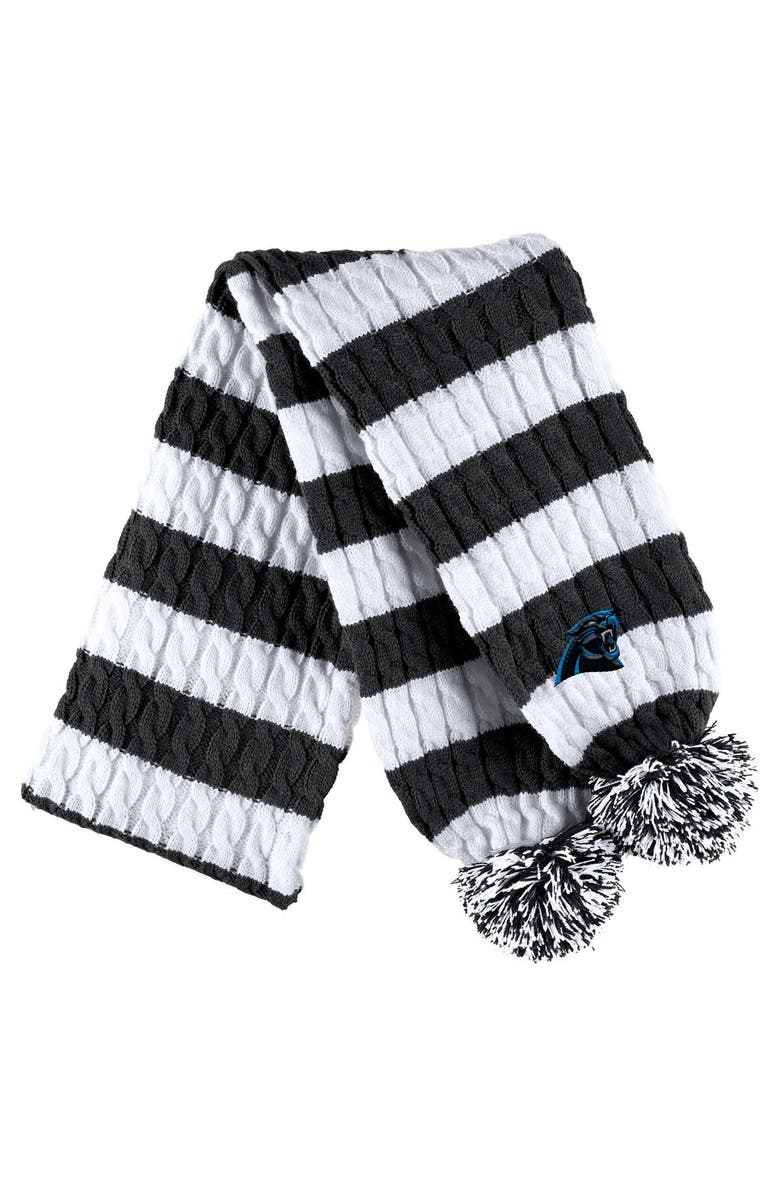WEAR by Erin Andrews Women's WEAR by Erin Andrews  Black/White Carolina Panthers Cable Stripe Cuffed Knit Hat with Pom and Scarf Set, Alternate, color, 