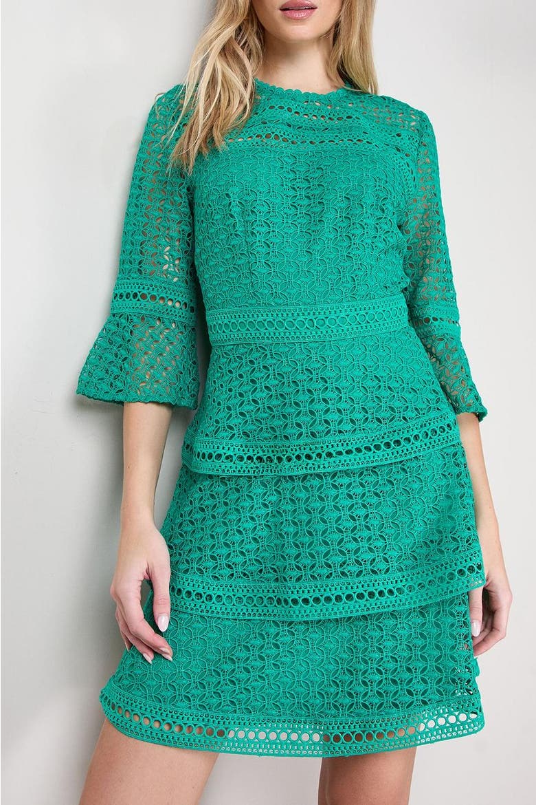 Lace Trim Detail Sleeved Mini Dress, Alternate, color, Green