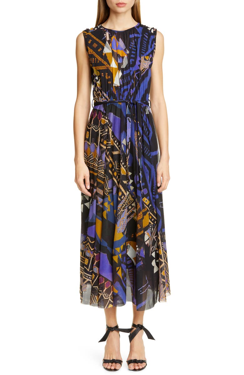 Fuzzi Print Belted Gathered Midi Dress, Main, color,