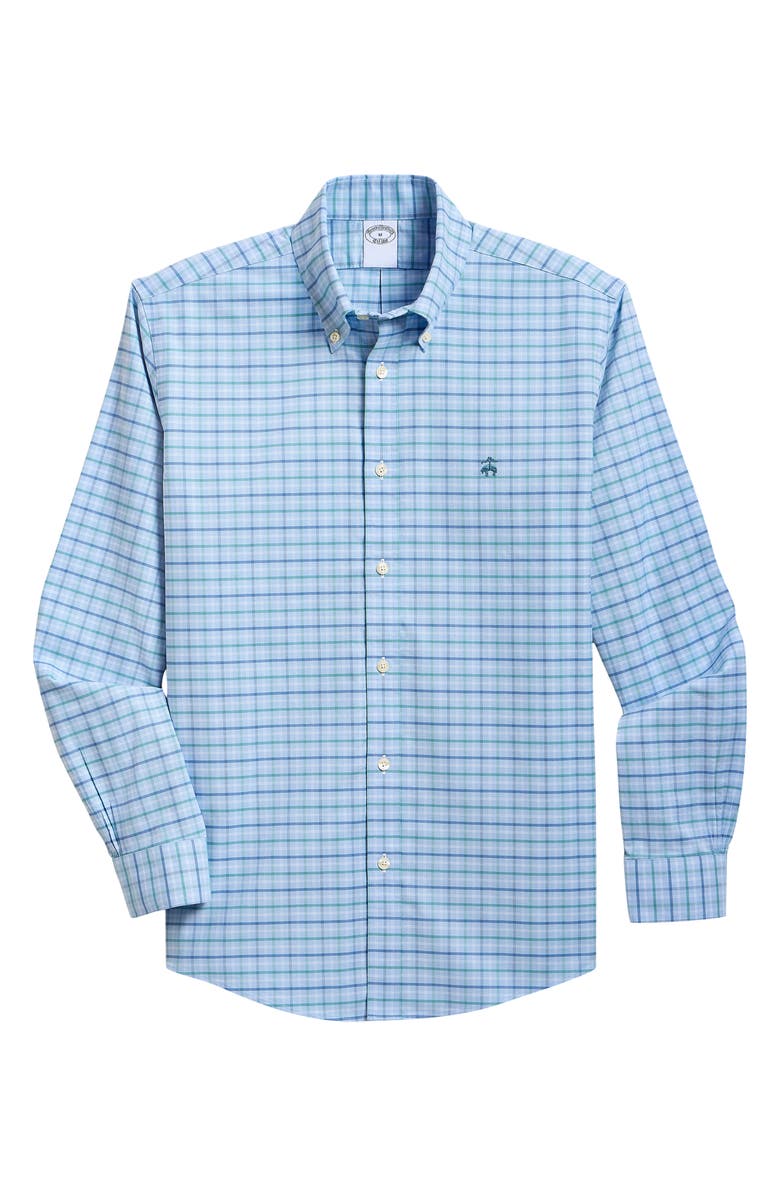 Brooks Brothers Plaid Non-Iron Stretch Cotton Oxford Button-Down Shirt, Alternate, color, Ltbluetealchk