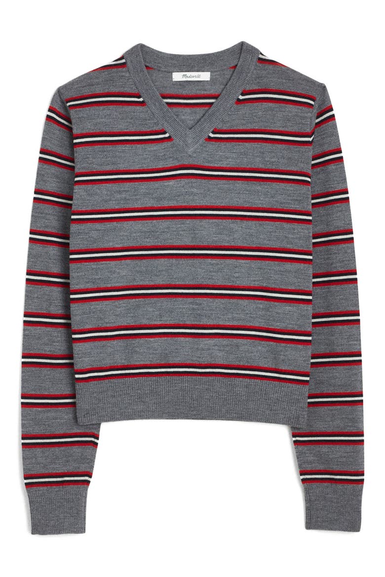 V-Neck Merino Wool Sweater, Alternate, color, HTHR GREY AND RED MULTI STRIPE
