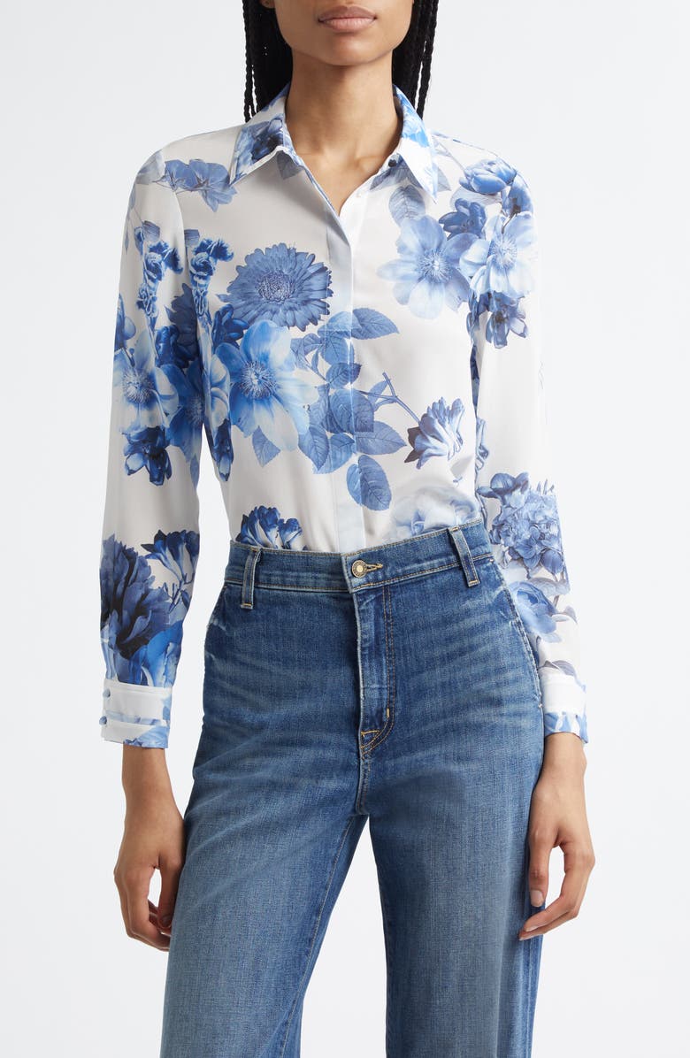 Alice + Olivia Willa Floral Silk Button-Up Shirt, Main, color,