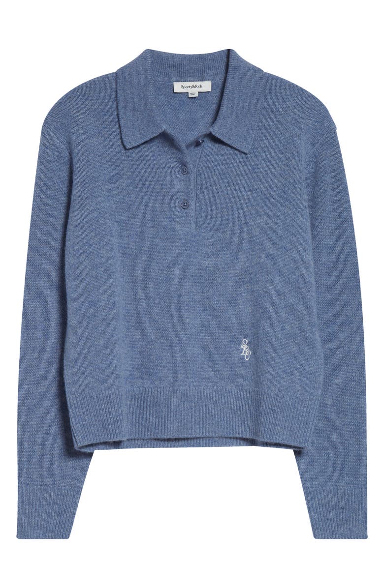 Sporty & Rich Embroidered Logo Cashmere & Wool Polo Sweater, Main, color, Colony Blue