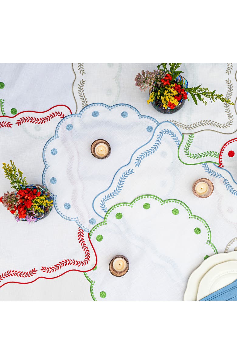 VIETRI Tessuti Set of 4 Round White Linen Placemats with Blue Dot Embroidery, Alternate, color, Blue