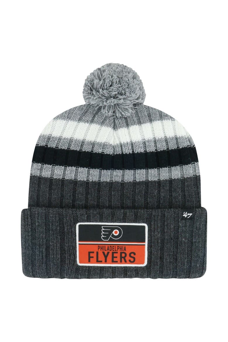 Men's '47 Gray Philadelphia Flyers Stack Patch Cuffed Knit Hat with Pom, Main, color, Gray