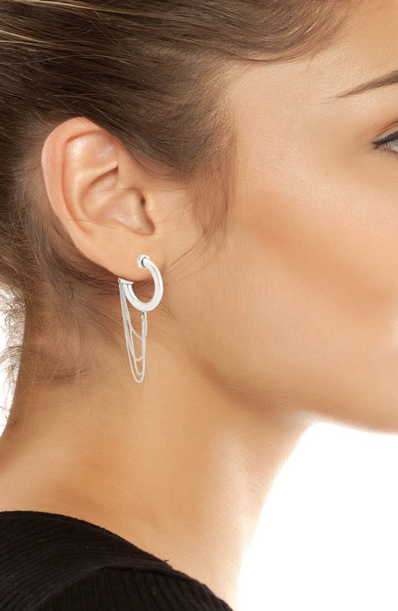 AllSaints Mismatched Draped Chain Huggie Hoop Earrings, Alternate, color, Rhodium