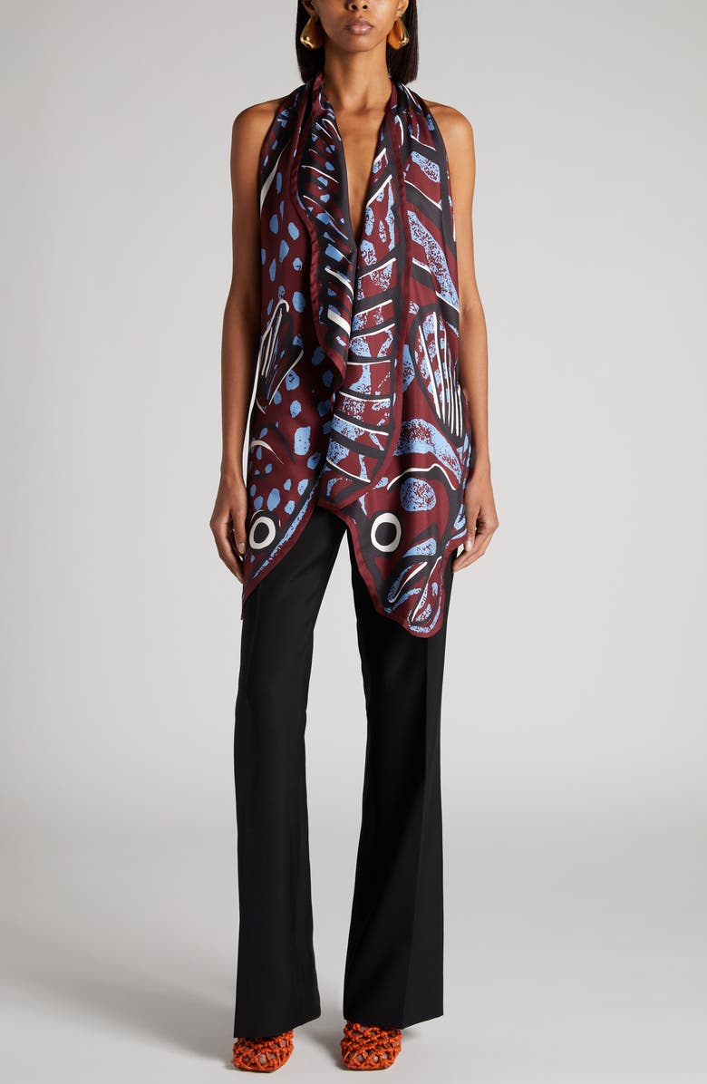 Bottega Veneta Fish Print Asymmetric Silk Twill Halter Top, Alternate, color, 6069 Black Cherry/ Admiral
