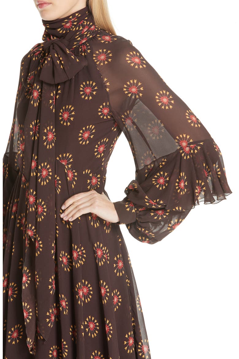 Ruffle Sleeve Print Silk Dress, Alternate, color, BROWN