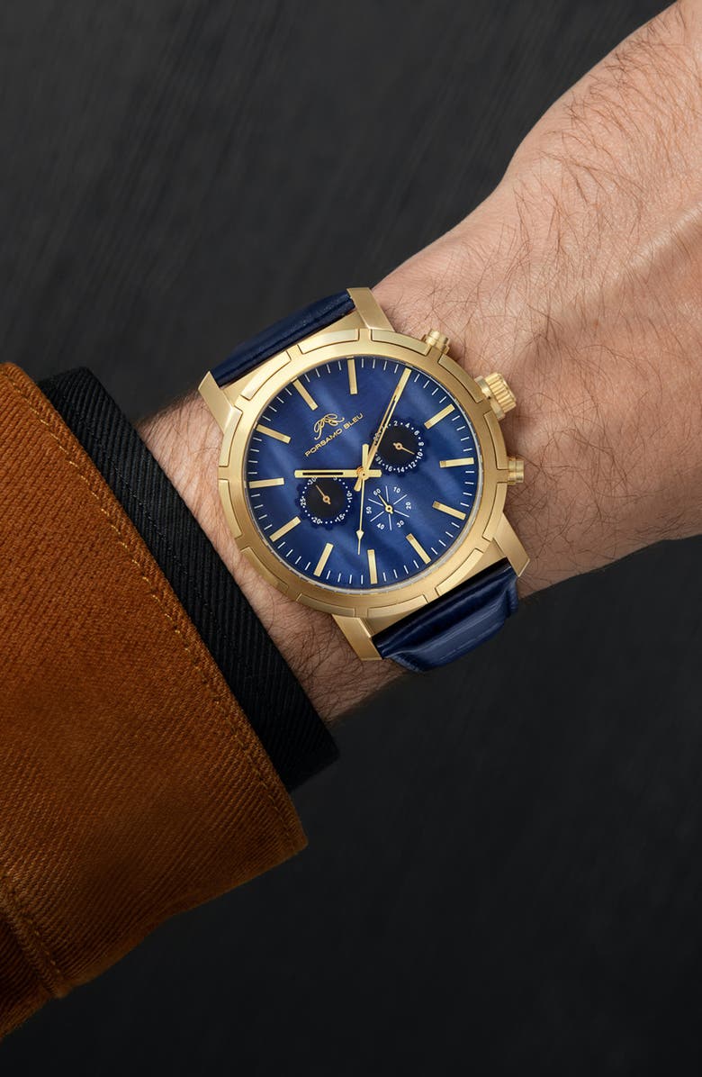 PORSAMO BLEU NYC Chronograph Croc Embossed Leather Strap Watch, 47mm, Alternate, color, Blue