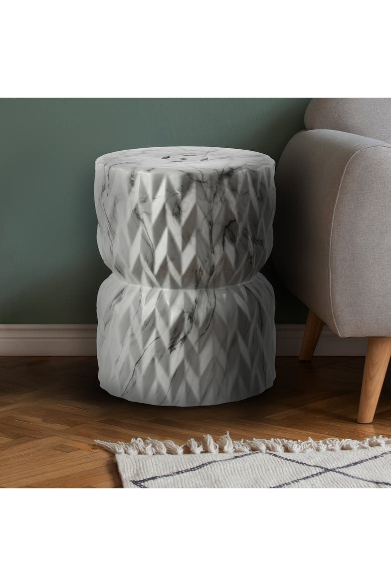Chevron Drum Traditional Marble Finish Ceramic Drum Garden Stool, Pierced Indoor/Outdoor Patio Seat & Side Table, Alternate, color, White Marble Finish