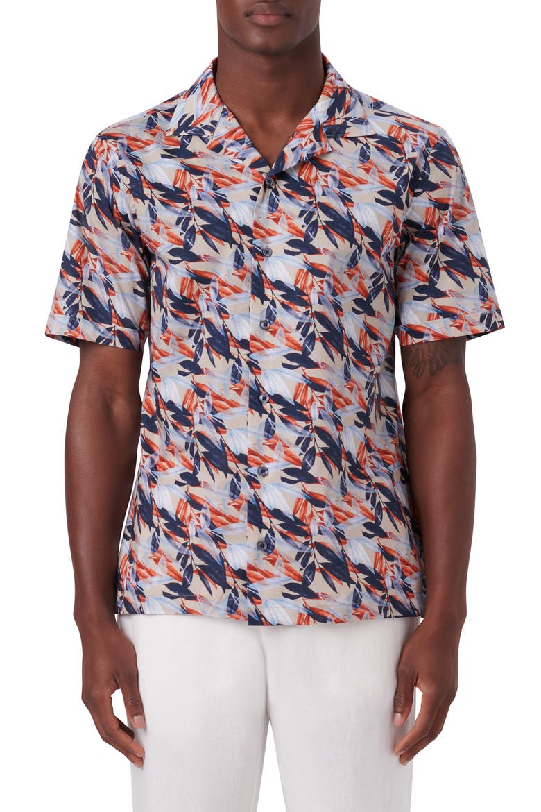 Leaf Print Short Sleeve Stretch Cotton Button-Up Shirt, Main, color, STONE
