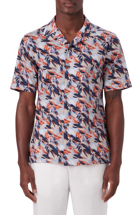 Leaf Print Short Sleeve Stretch Cotton Button-Up Shirt