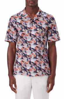Bugatchi Leaf Print Short Sleeve Stretch Cotton Button-Up Shirt