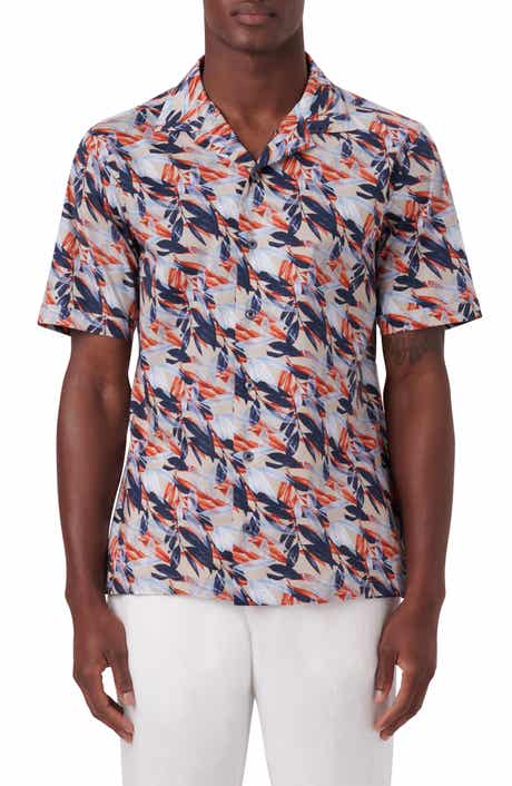Bugatchi Leaf Print Short Sleeve Stretch Cotton Button-Up Shirt