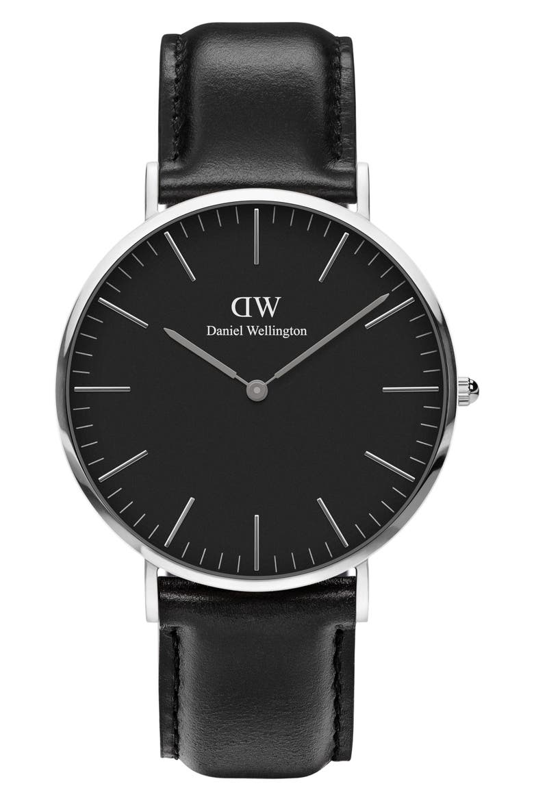 Classic Sheffield Leather Strap Watch, 40mm, Main, color, SILVER/ BLACK