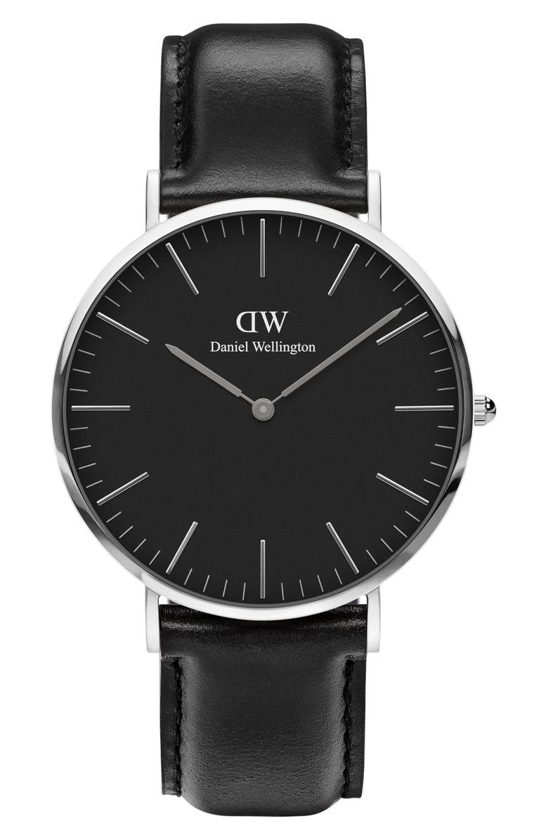 Daniel Wellington Classic Sheffield Leather Strap Watch, 40mm, Main, color, Silver/ Black
