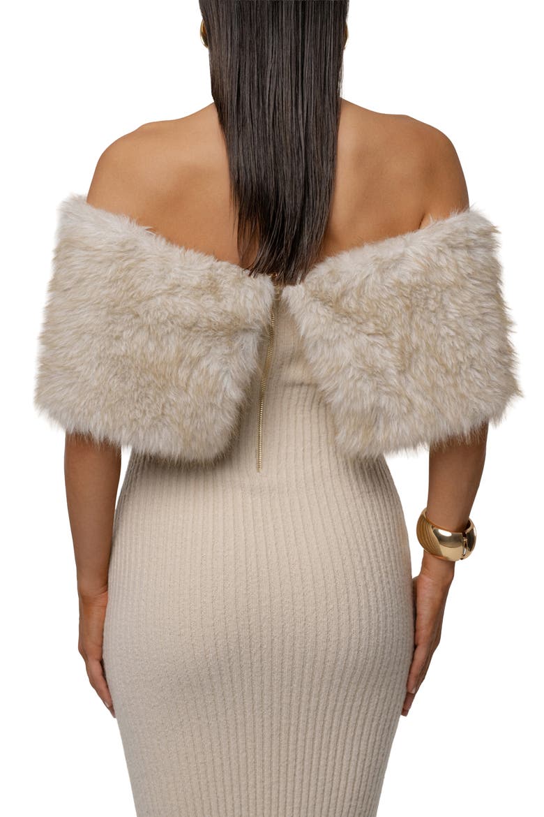 Hour Faux Fur Detail Off-the-Shoulder Rib Knit Dress, Alternate, color, BEIGE