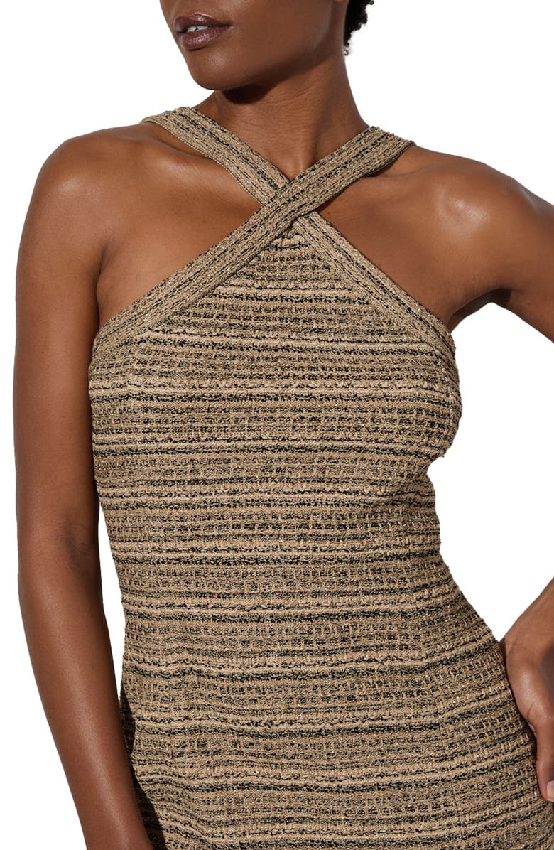 Ming Wang Metallic Tweed Halter Dress, Alternate, color, Gold/Black