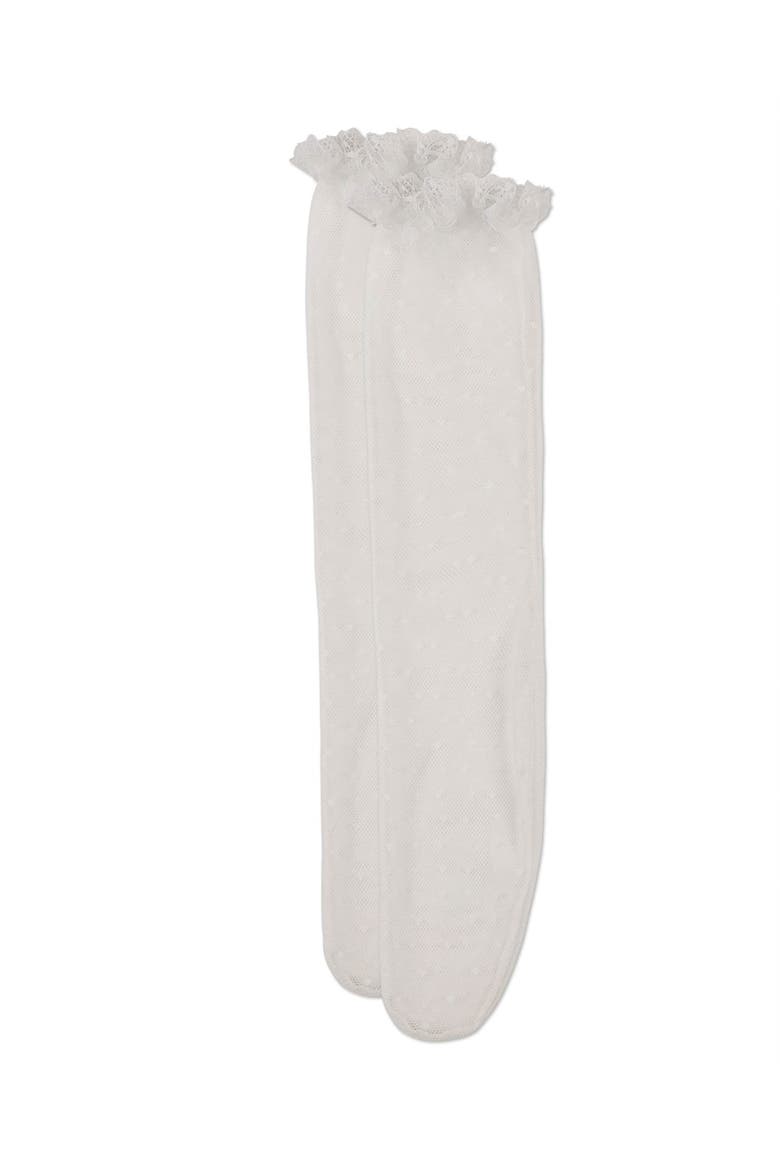 Lace Trimmed Dot Mesh Knee Sock, Alternate, color, White