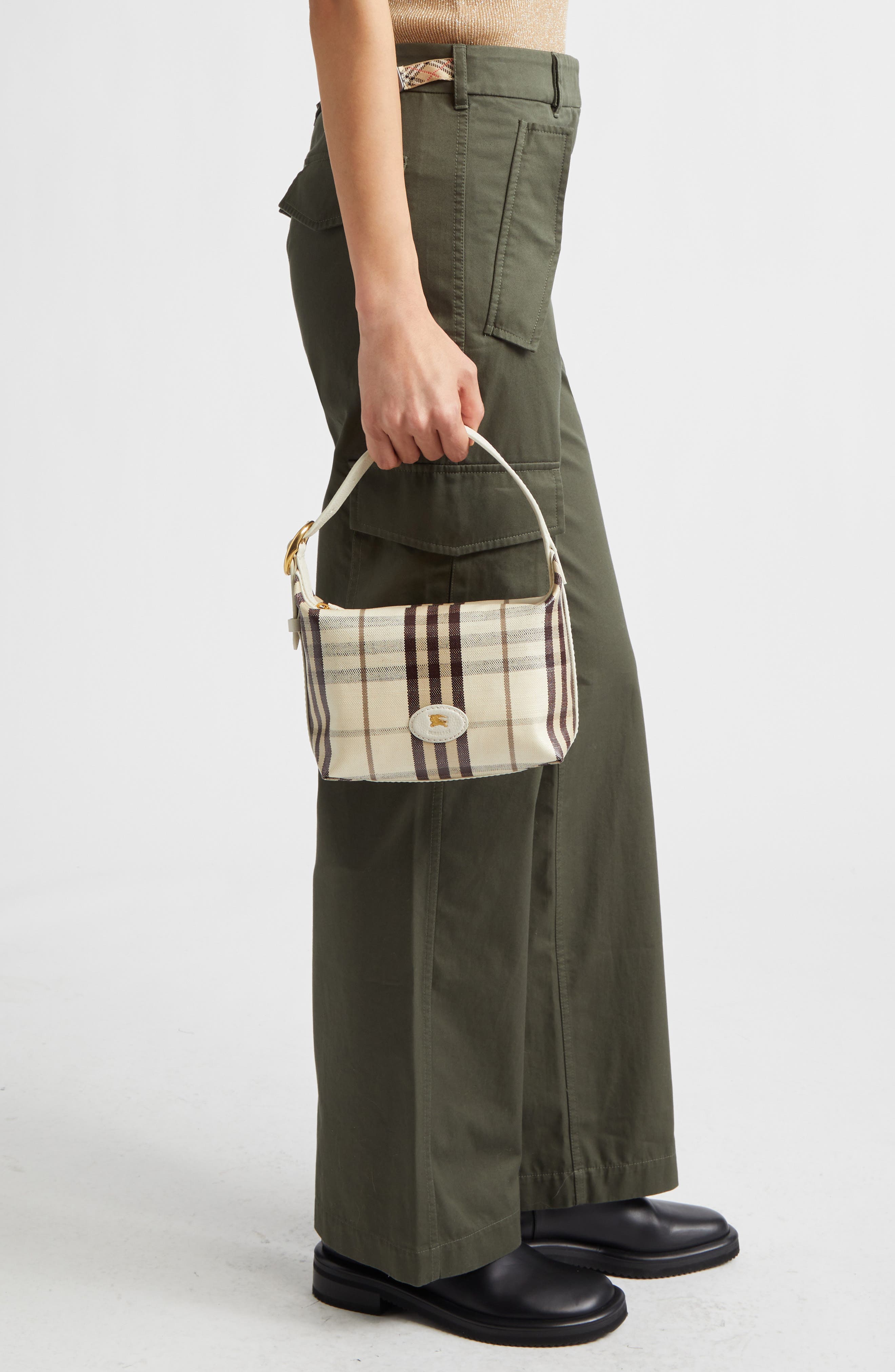 Burberry Highlands Check Coated Canvas Top Handle Bag, Alternate, color, Light Beige