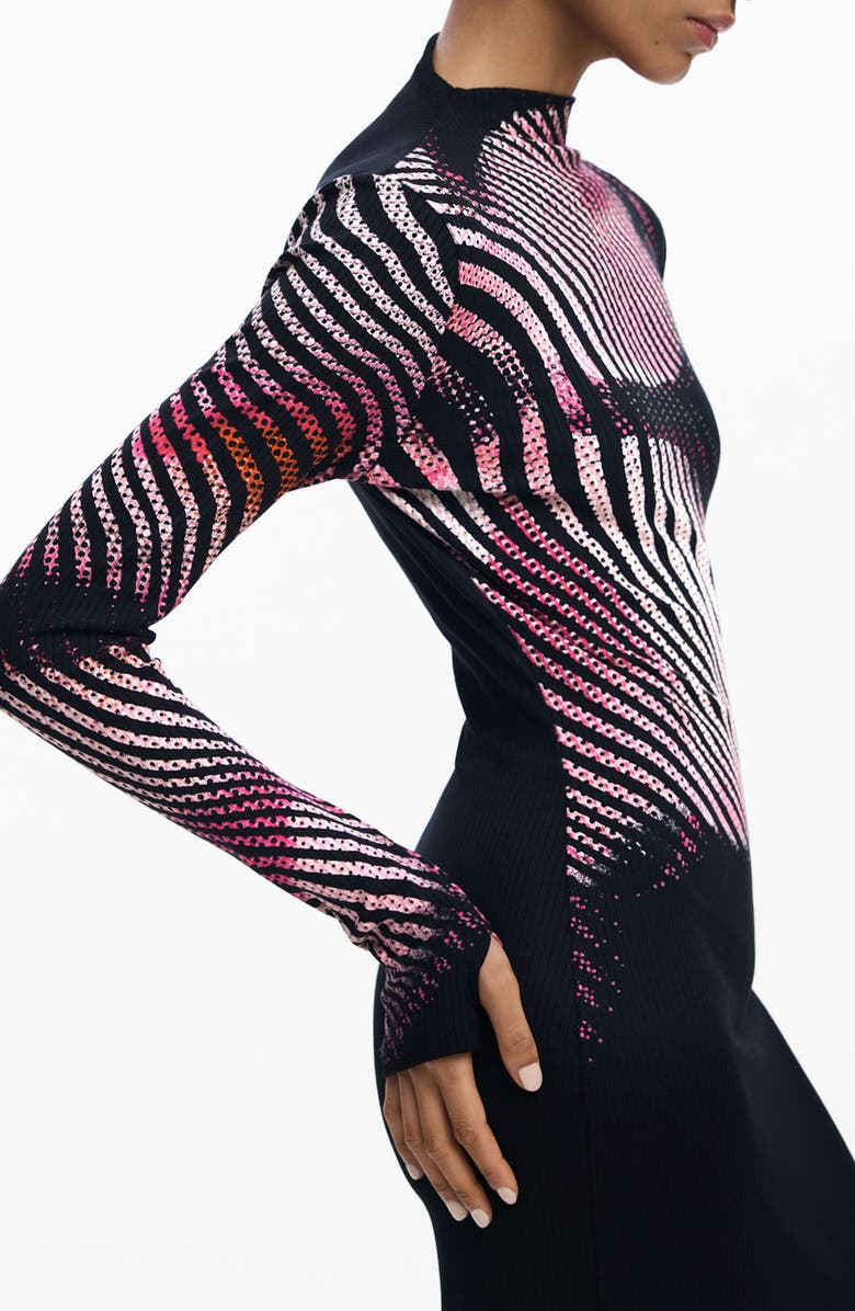 Desigual Funnel Neck Long Sleeve Rib Dress, Alternate, color, Black