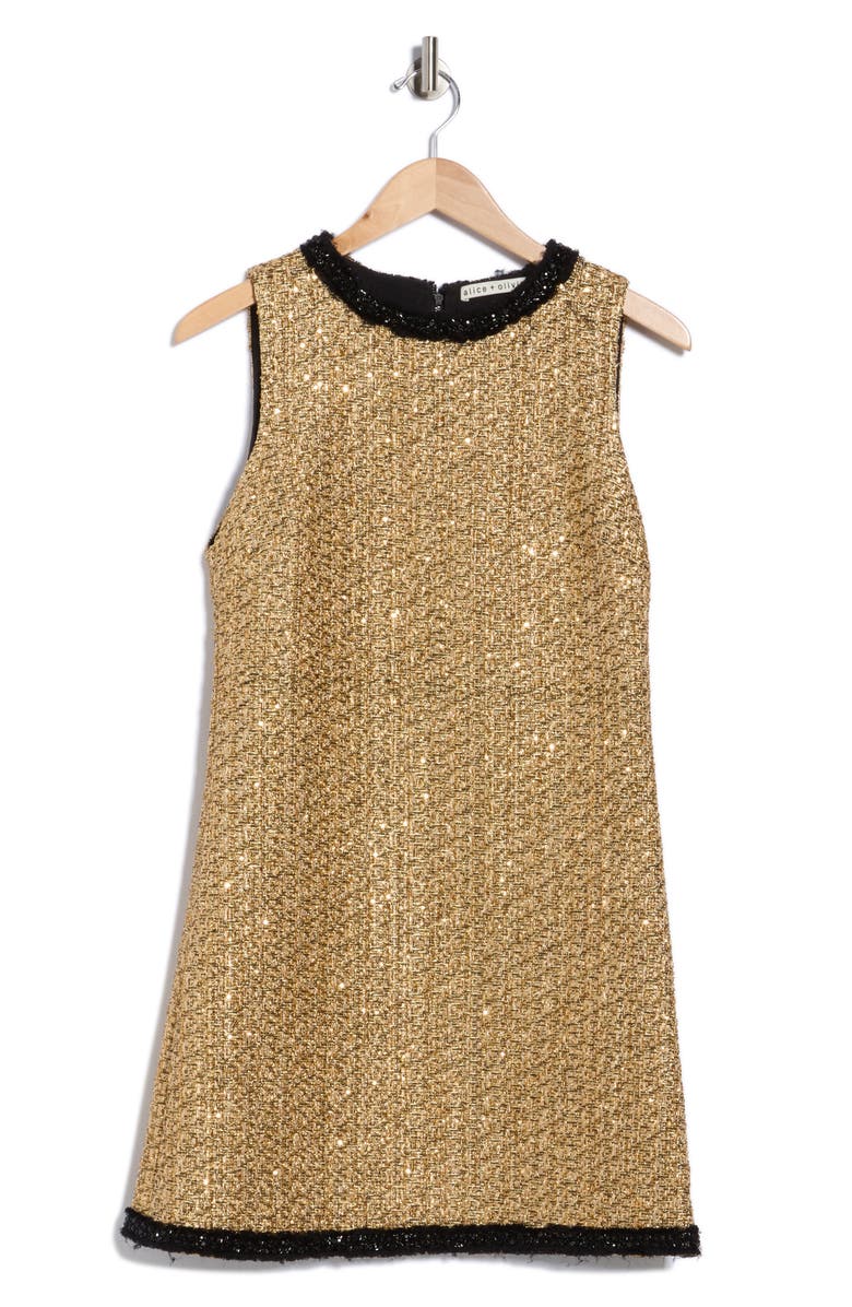 Alice + Olivia Clyde Embellished Metallic Tweed Shift Dress, Alternate, color, Gold