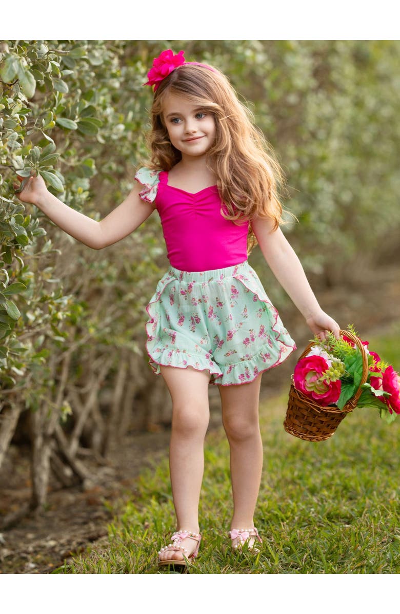 Mia Belle Girls Girls Fuchsia Floral Ruffle Top and Mint Blossom Shorts Set, Alternate, color, 