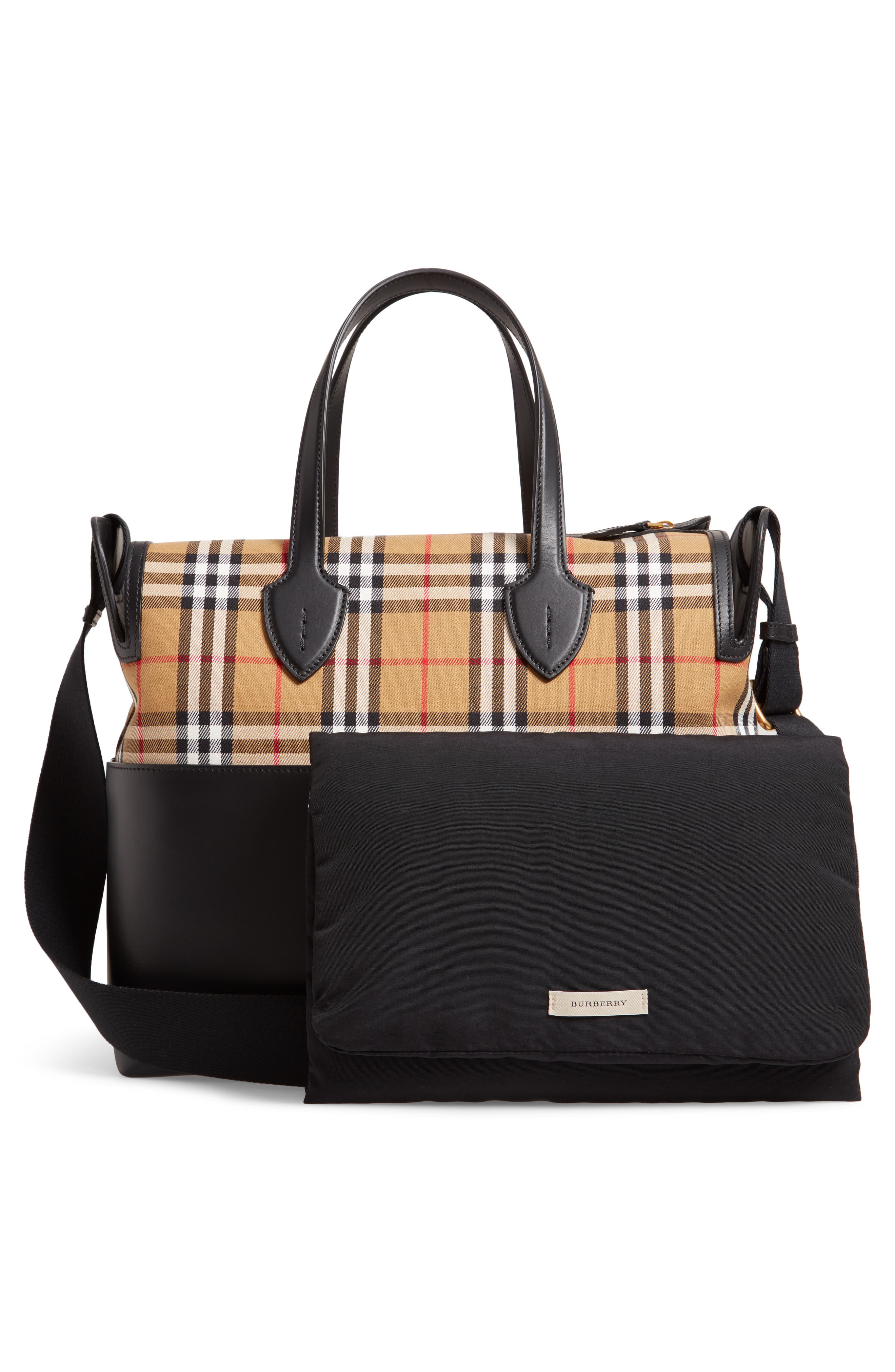 Burberry Kingswood Vintage Check & Leather Diaper Tote, Alternate, color, 