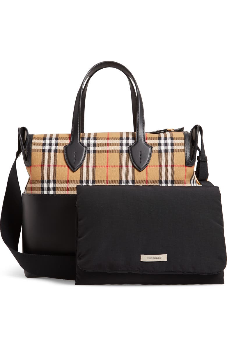 Burberry Kingswood Vintage Check & Leather Diaper Tote, Alternate, color,